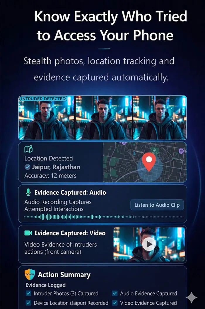 Combined evidence summary with photo, location, audio, and video